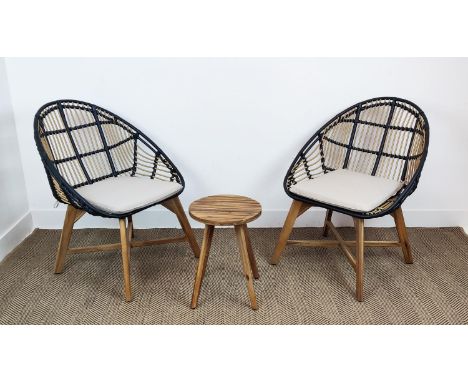 GARDEN COCKTAIL SET, including, pair of chairs, 87cm H approx, with cushions, and small table, 46cm x 36cm. (3)