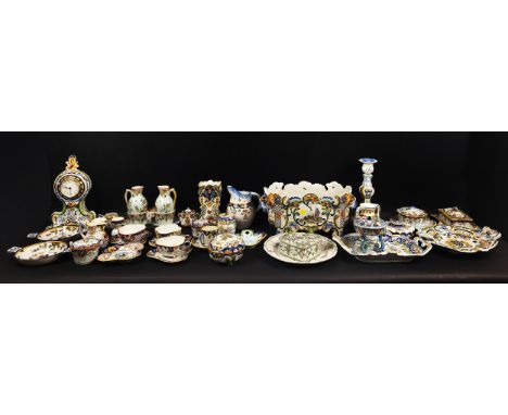 QUANTITY OF FRENCH FAIENCE POTTERY, various pieces including a candlestick clock, jardiniere etc.