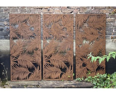 ARCHITECTURAL GARDEN PANELS, a set of three, metal with palm leaf design, each panel 120cm H x 60cm. (3)