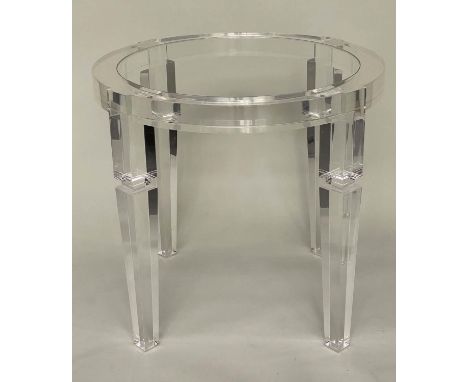 LAMP TABLE, circular glazed and lucite-framed, 75cm H x 100cm W.
