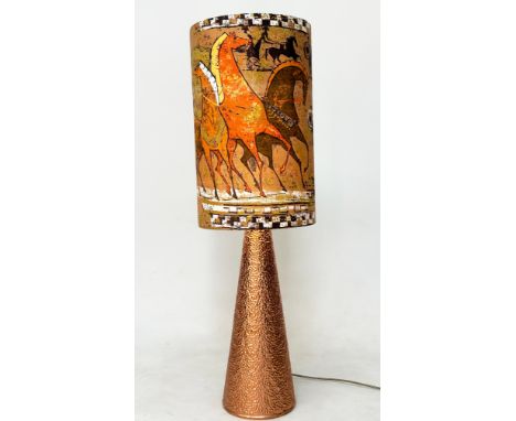 LAMP, textured copper tapered with Tibor Reich fabric shade, 117cm H.