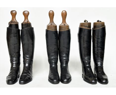 RIDING BOOTS, three pairs, vintage black leather with trees, tallest 62cm H including trees. (6)