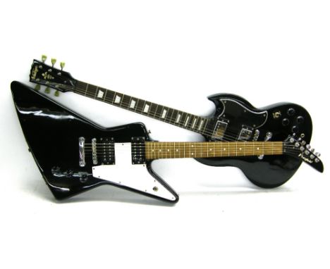 Vintage SG style electric guitar, black finish; together with a Westfield Explorer style electric guitar, black finish (at fa