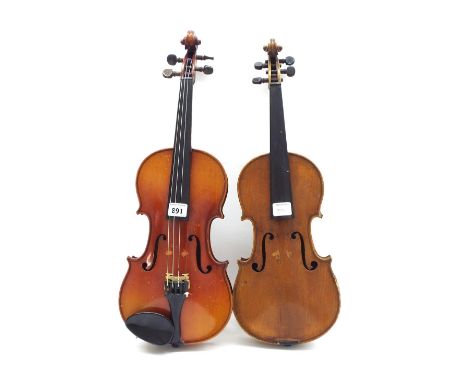 French Stradivarius copy violin circa 1950, 13 5/16", 33.80cm; also another three-quarter size violin, 13 1/8", 33.30cm (2)