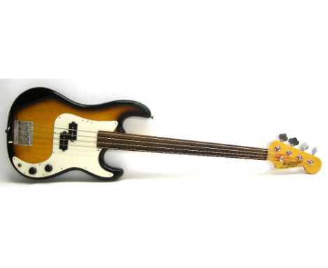 Tanglewood Lone Wolf fretless bass guitar, sunburst finish, electrics appear to be in working order, soft case, condition: go