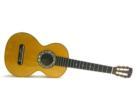 Late 19th century French parlour guitar branded Cherpitel Pecheur, a Mirecourt to the inner back, labelled 'Model of guitar a