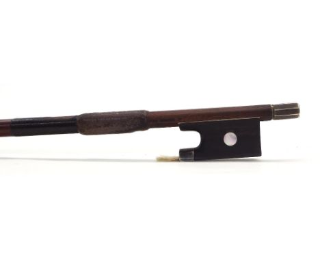 French silver mounted violin bow stamped A. Voirin Fils, the stick round, the ebony frog inlaid with pearl eyes and with a si