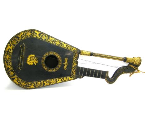 19th century ebonised Dital harp lute signed Barry of London, with gilt highlighted decoration, total length 35 3/4"