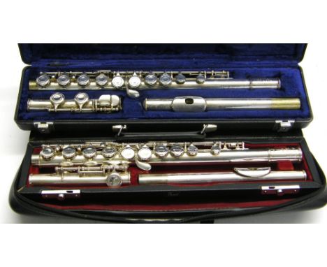 Pearl PF-501 metal flute, no. 12275, case; together with a Buffet Crampon Cooper 225 metal flute, case, Takumi metal flute, c