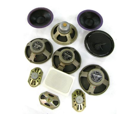Twelve various speakers to include three TVM sound 40 watt speakers, two Sky Tronic 12" rubber-edged speakers, Bosch security