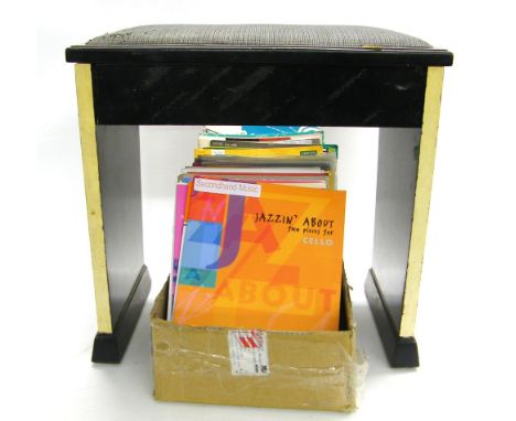 Ebonised box seat music stool (at fault); together with a quantity of sheet music for various instruments