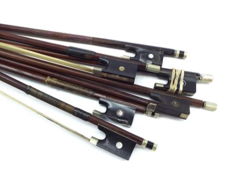 Six various violin bows, also a bow stick (7)