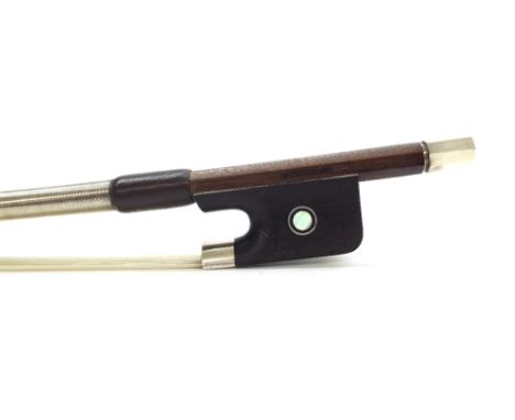 English silver mounted violoncello bow by and stamped J. Reynolds, the stick round, the ebony frog inlaid with silver rings e