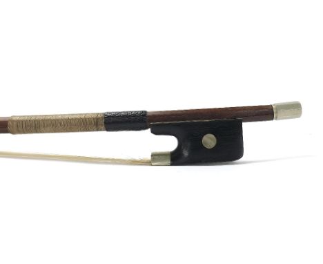 French nickel mounted violoncello bow by and stamped Nicolas Duchene, the stick round, the ebony frog inlaid with pearl eyes 