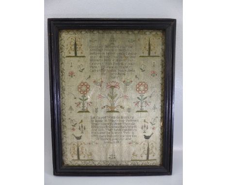 Georgian Antique sampler. Sewn with poetry over two verses and decorated with surrounding trees and birds. Dated 1800,  by An