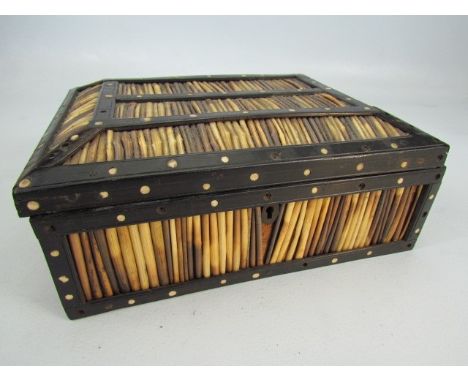Antique porcupine quill trinket box inlaid with bone. To the underside of lid inlaid panel depicting an elephant. 'Galle' 