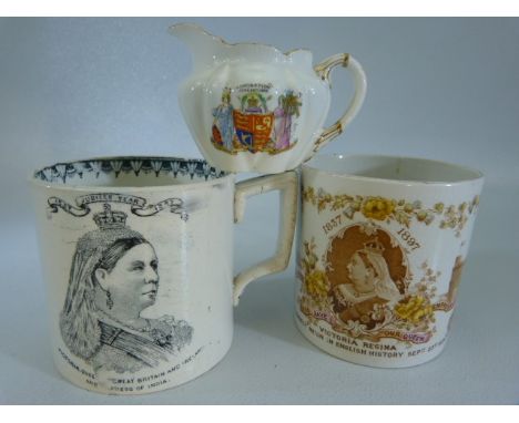 Antique commemorative cups to include Victoria Regina 'Manufactured for William Whiteley London by Aynsley and Sons. Another 