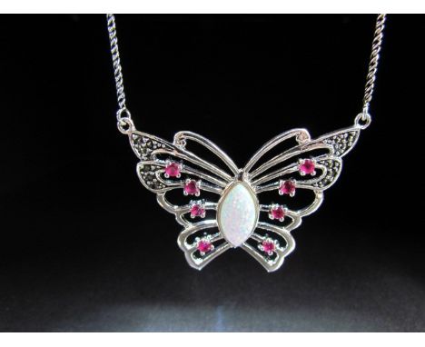 Silver Butterfly necklace set with opal and rubies