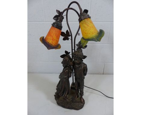 Antique style resin lamp with two figures and glass shade. 
