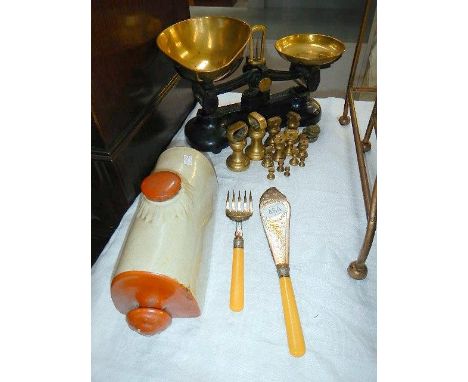 A set of scales with weights & other items etc.
