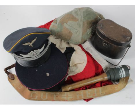 German WW2 items including party flag, fire service hat helmet cover Luftwaffe officers hat belt and stick grenade.