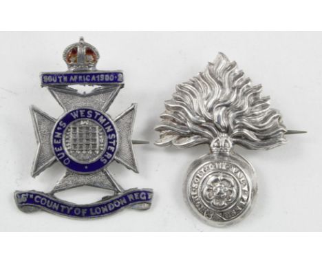 Sweetheart silver badges (2) Royal Fusiliers & 16th County of London Regt. Both sterling silver- R.F. badge fully hallmarked 