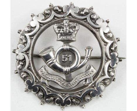 Sweetheart badge, silver, 51st. Foot - The Yorkshire Light Infantry; hallmarked "FN, Birmingham, 1892".