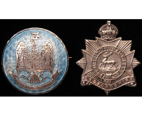 Sweetheart badges (2) silver, translucent blue enamel Bedford Yeomanry & silver Bedfordshire badge - one marked "sterling sil