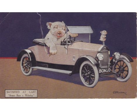 Studdy artist advert postcard Bonzo Buys a Wolseley, manufacturer’s price list for Wolseley Ten printed to reverse c1939, lig