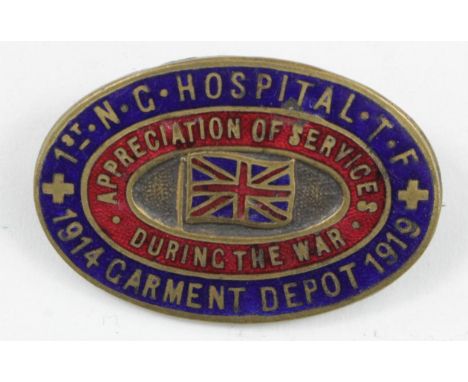 Tribute badge - brass & enamel, 1st. N.G. Hospital T.F. Garment Depot - appreciation of services during the war 1914-1919.