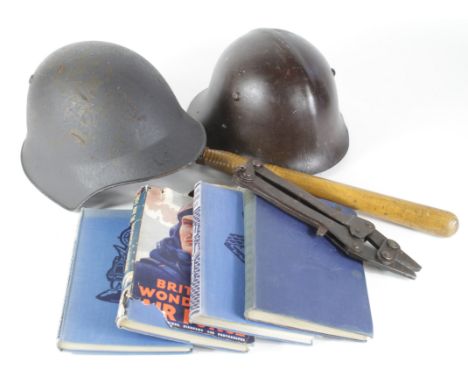 Box of various Militaria inc Swiss Army Steel Helmet, 1944 British Wire Cutters, WW2 books x4, plus a WW1 wooden Truncheon st