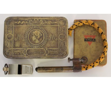 1914 brass Princess Mary gift tin with 1915 dated trench whistle, WW1 bible dated 1916 and a tinder lighter.