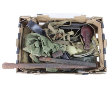 Box of general equipment including: 1) A good repro ME Co. 1908 WW1 O/Rs belt. 2) A good original WW2 M.E. Co. Web belt. 3) A