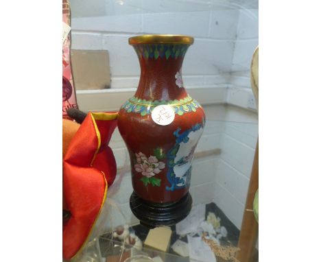 Oriental style brass and enamel vase on plinth