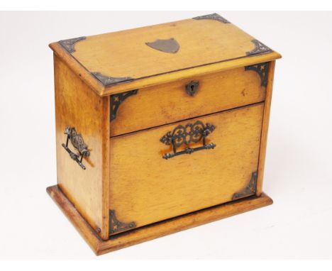 A Victorian light oak fold out stationary box with Aesthetic style metal mounts. W32cm D20cm H28cm