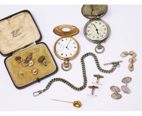 A mixed lot comprising two pocket watches, three pairs of silver cufflinks, a yellow metal stick pin, a silver plated chain a