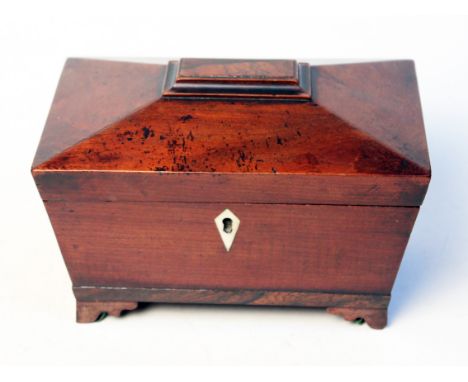 A Georgian mahogany sarcophagus tea caddy. L21cm
