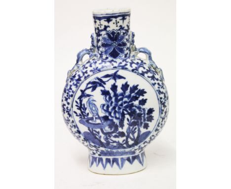 A Chinese porcelain blue and white moon flask, height 20.5cm. Condition - minor chips to glaze and one to rim, no cracks nor 