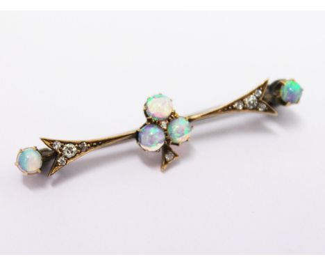 A yellow metal diamond and opal brooch, length 4.4cm, gross wt. 3g