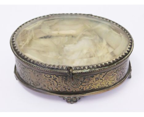 A large souvenir trinket box, length 13cm. Condition - padded interior in poor state, general wear.