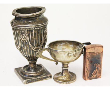 Hallmarked silver comprising a vase and a trophy and a lighter