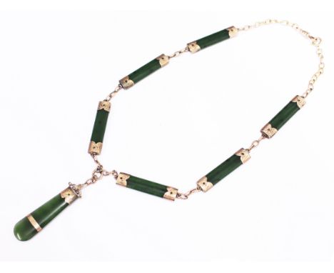 A Victorian 9ct gold jade necklace, length 43cm, gross wt. 32.3g