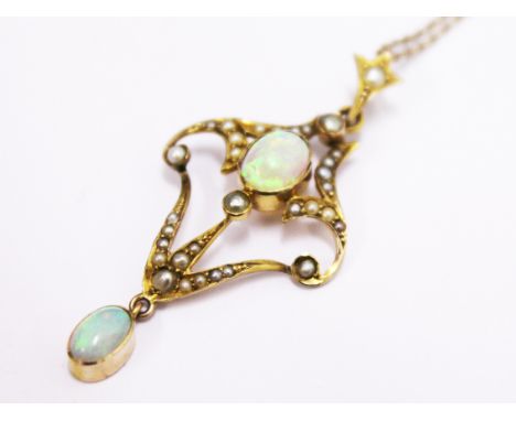 A 9ct gold opal and seed pearl pendant, length 4cm, on 9ct gold chain, gross wt. 3.5g