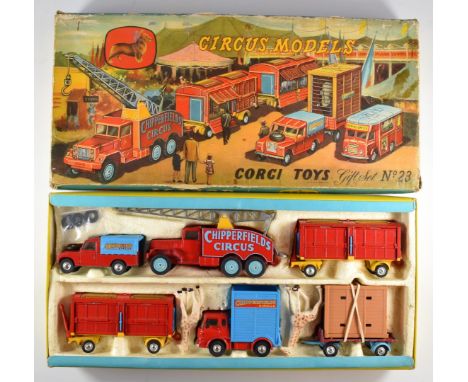 Corgi Toys diecast model Chipperfields Circus Gift Set 23 with Booking Van, Circus Crane Truck, two Animal Cage Wagons, Land 