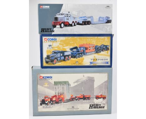 Three Corgi Classics 1:50 scale diecast model vehicles comprising Pickfords Diamond T Ballast, Heavy Haulage 55201, Hills of 