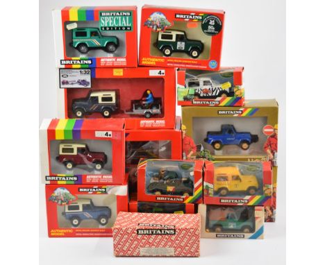 Fourteen vintage and modern Britains diecast model vehicles comprising thirteen Land Rovers and a Massey Ferguson Combine Har