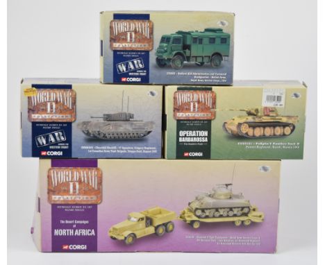 Four Corgi World War II Collection 1:50 scale diecast model military vehicles to include Diamond Tank T Tank Transporter - Ro