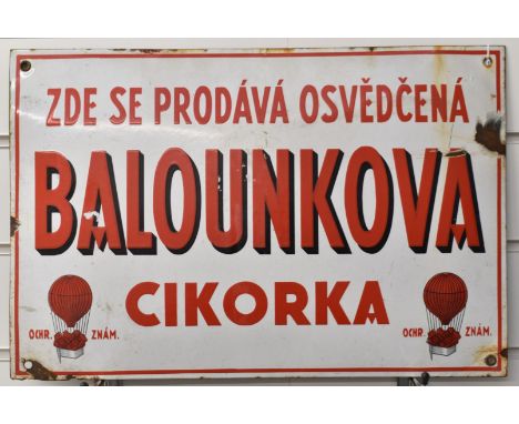 Vintage Czechoslovakian enamel advertising sign for Balounkova, with balloons to lower corners, 30 x 45cm