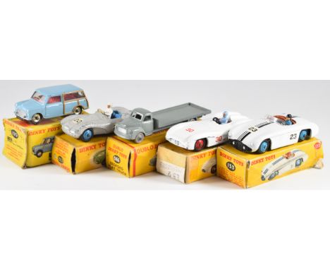 Five Dinky Toys diecast model cars comprising Aston Martin DB3 Sports with grey body, white driver and blue interior, 110, Cu