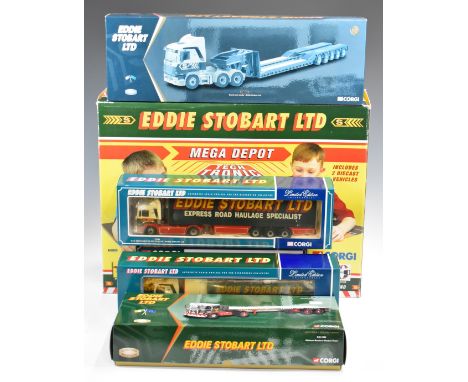 Five Corgi Eddie Stobart diecast model heavy goods vehicles including MAN Refrigerated Box Trailer 75702 and&nbsp;Scania Low 